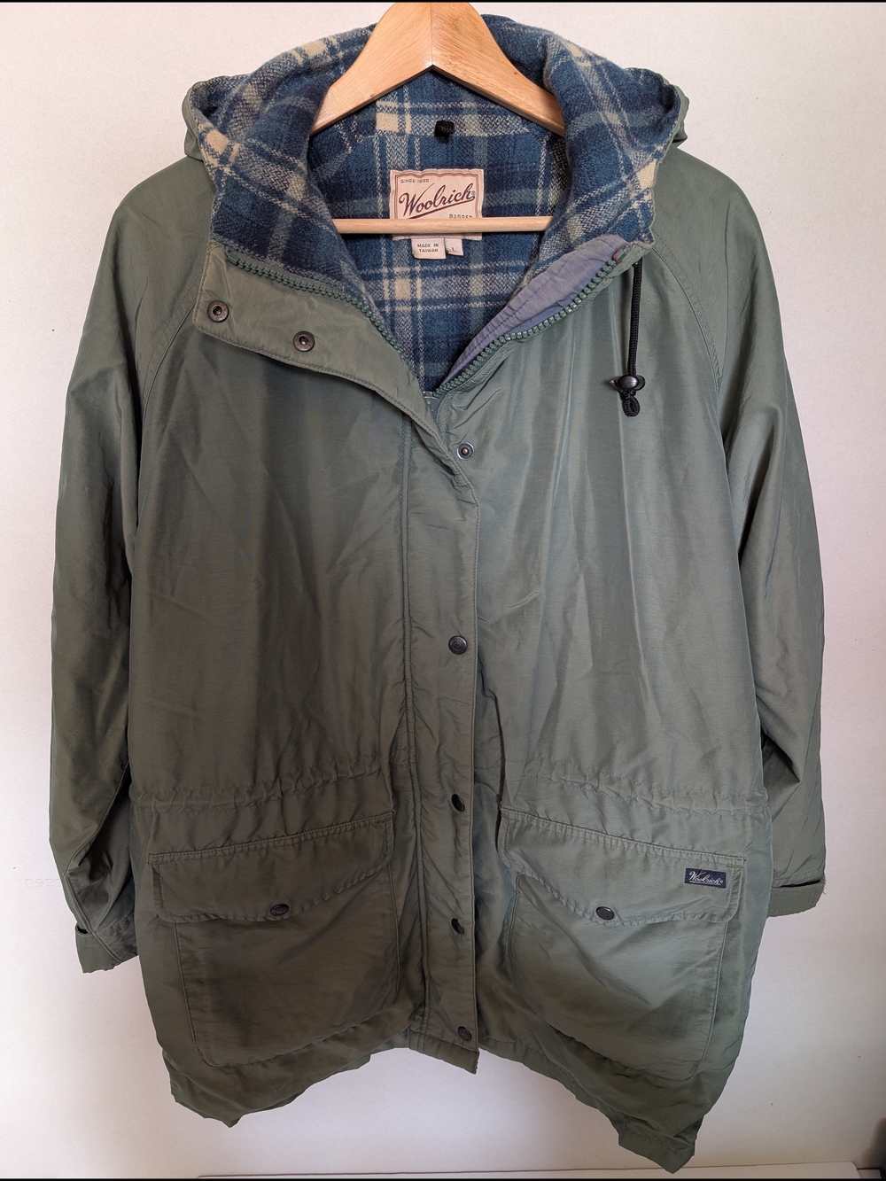 Vintage Woolrich Mountain Parka Jacket Sage Green Plaid Lined Hooded Men's Large